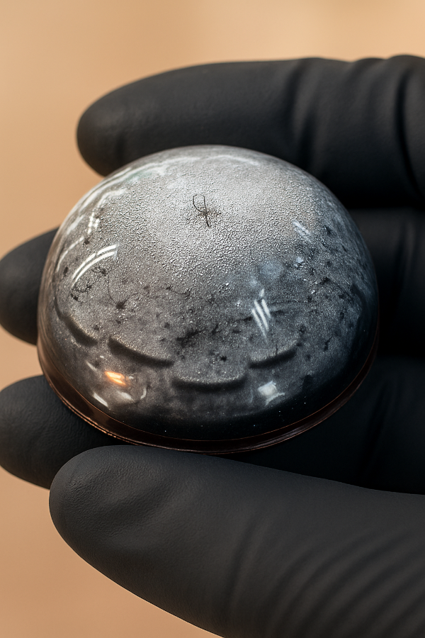 Black-gloved hand holding a metallic sphere with a textured surface against a beige background